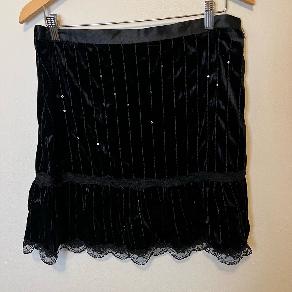 No Boundaries Black Velvet Mini Skirt with Lace Trim